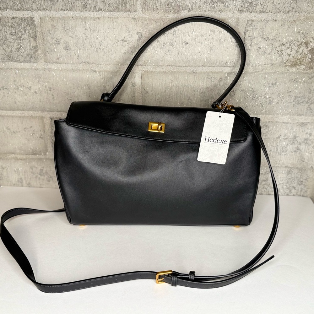 Hedexe Black Faux Leather Satchel Bag Gold Hardware Top Handle Crossbody Strap - Picture 4 of 11
